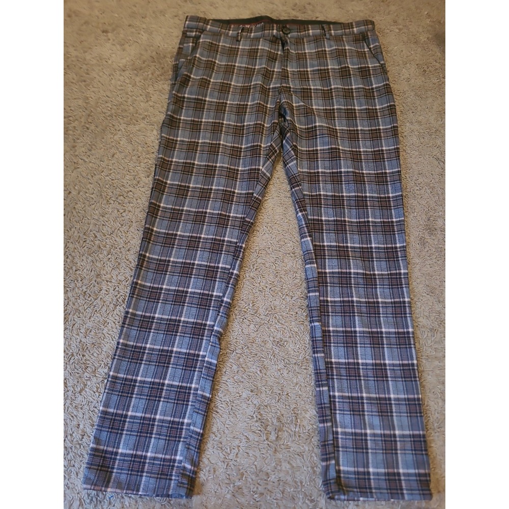 Suslo Couture Men's Pants 38x32 Windowpane Check Straight Stretch Blue